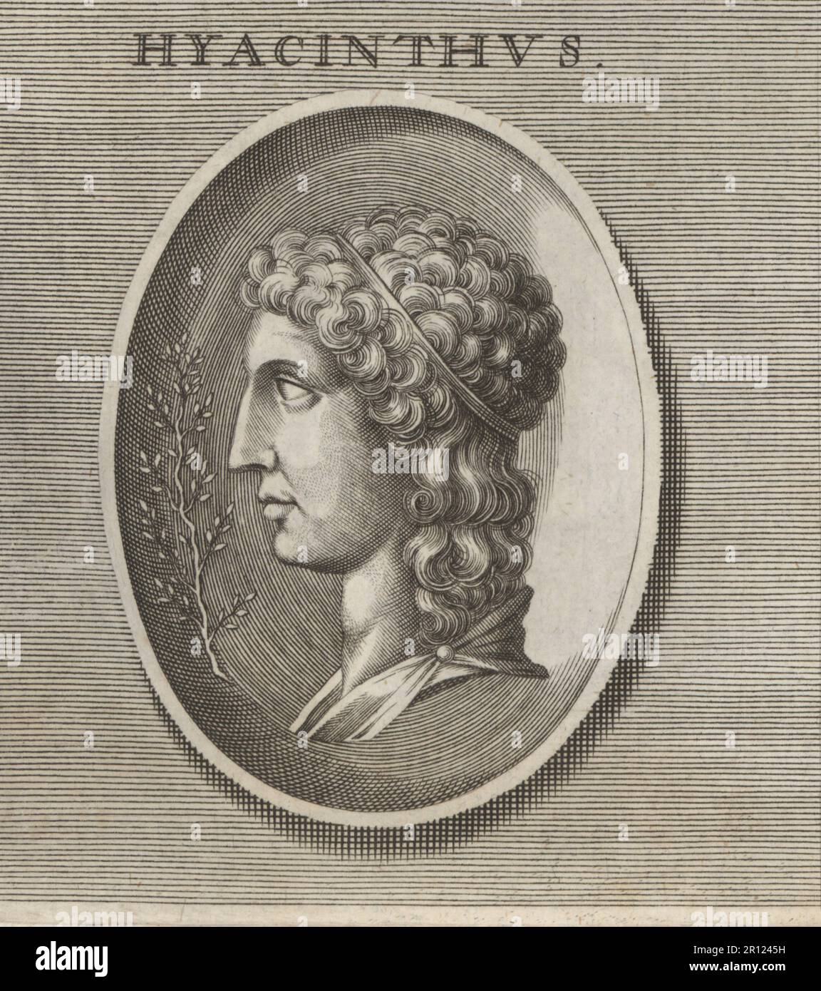 Iacinto o Iacinto, eroe divino gentile e intelligente e amante di Apollo dalla mitologia greca. Incisione su copperplate dopo un'illustrazione di Joachim von Sandrart dalla sua Academia Todesca, della architettura, scultura & Pittura, oder Teutsche Academie, der Edlen Bau- Bild- und Mahlerey-Kunste, Accademia tedesca di architettura, scultura e pittura, Jacob von Sandrart, Norimberga, 1675. Foto Stock