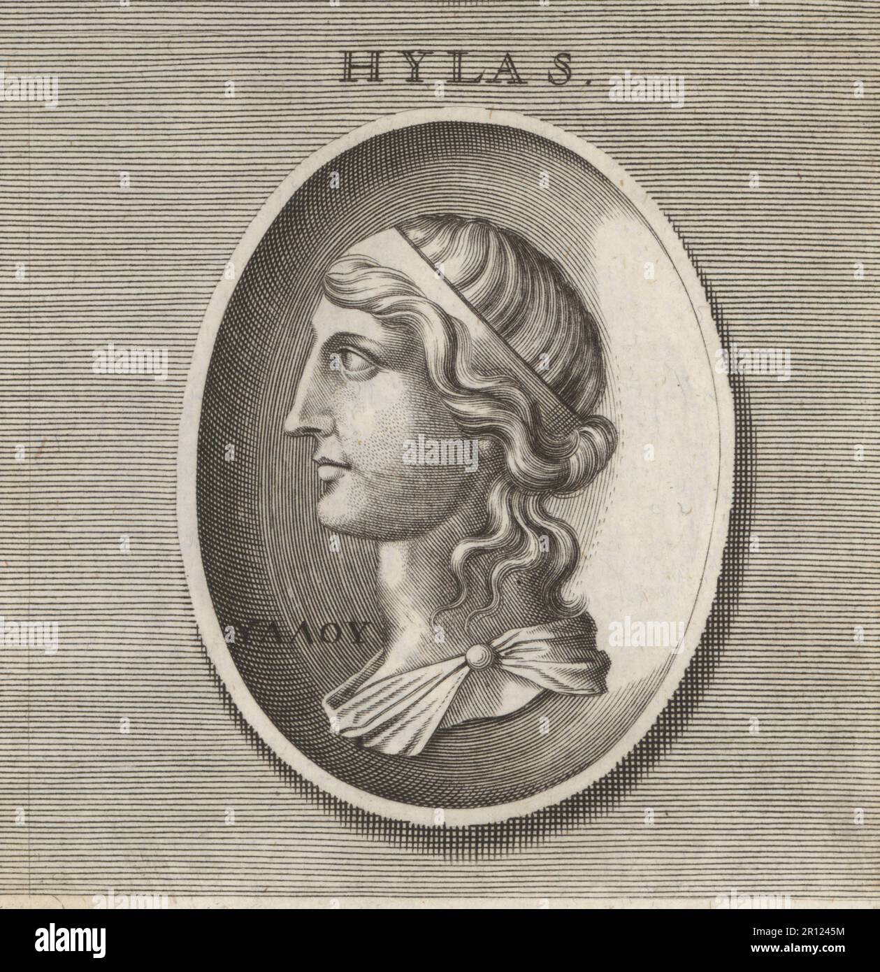 Hylas, giovane che servì come compagno e servo dell'eroe greco Heracles nella mitologia. Incisione su copperplate dopo un'illustrazione di Joachim von Sandrart dalla sua Academia Todesca, della architettura, scultura & Pittura, oder Teutsche Academie, der Edlen Bau- Bild- und Mahlerey-Kunste, Accademia tedesca di architettura, scultura e pittura, Jacob von Sandrart, Norimberga, 1675. Foto Stock