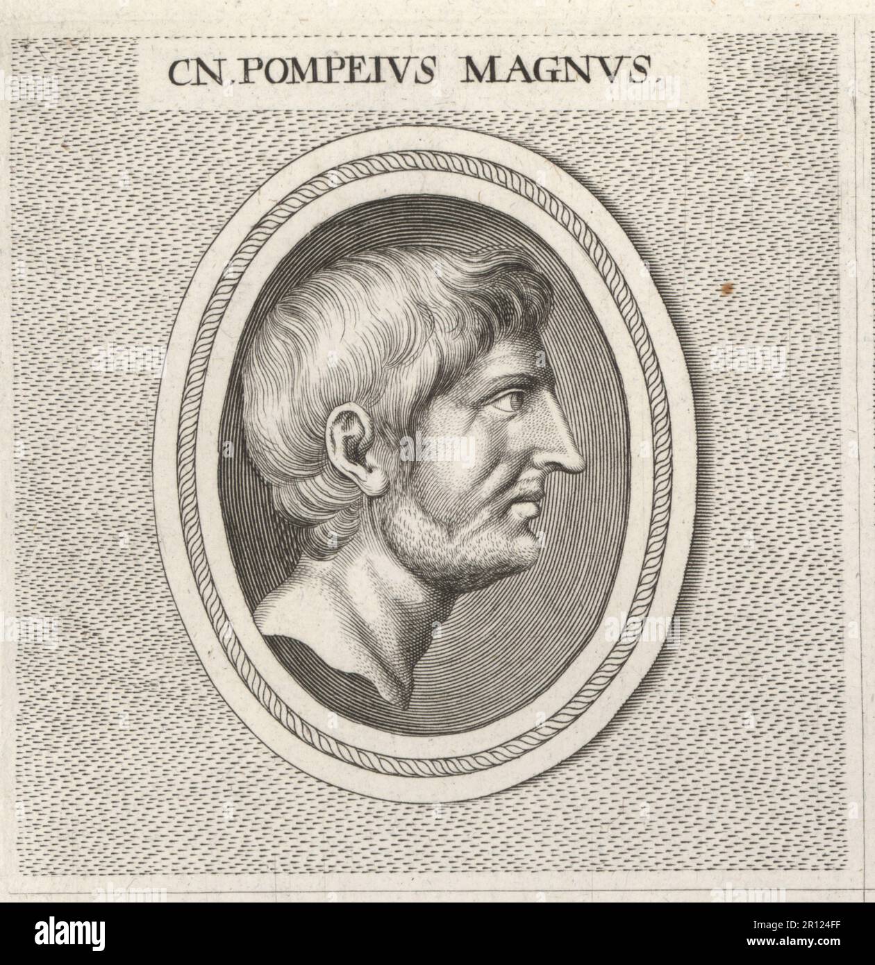 Gnaeus Pompeius Magnus, 106-48 a.C., Pompeo il Grande, generale romano e statista, avversario di Giulio Cesare. CN. Pompejus Magnus. Incisione su copperplate dopo un'illustrazione di Joachim von Sandrart dalla sua Academia Todesca, della architettura, scultura & Pittura, oder Teutsche Academie, der Edlen Bau- Bild- und Mahlerey-Kunste, Accademia tedesca di architettura, scultura e pittura, Jacob von Sandrart, Norimberga, 1675. Foto Stock