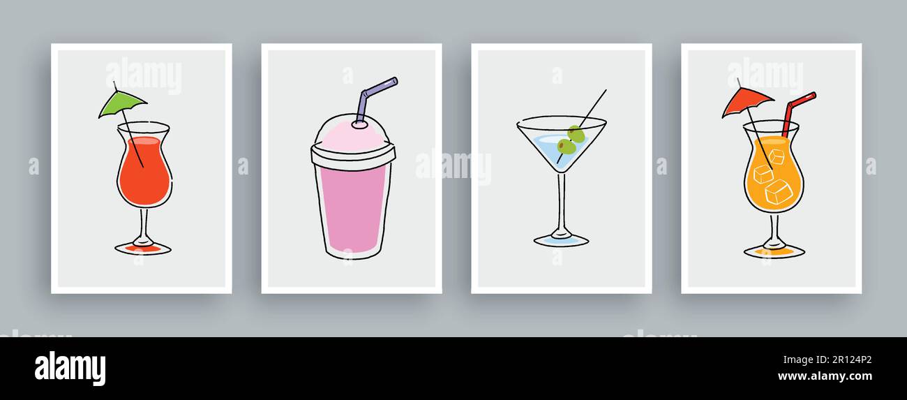 Arte murale con bevanda fredda in stile doodle sfondo. Illustrazione Vettoriale