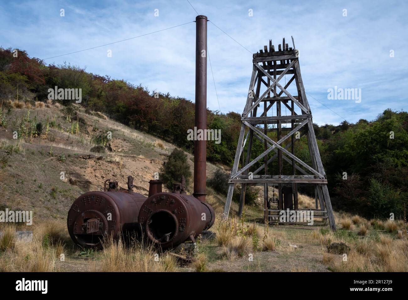 Vecchia caldaia a Golden Progress Mine, Otureshua, Central Otago, South Island, Nuova Zelanda Foto Stock