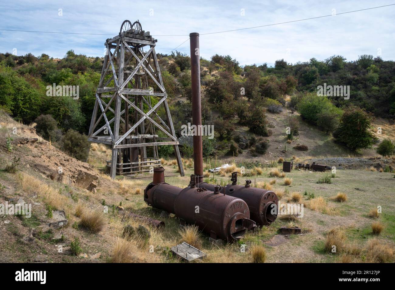 Vecchia caldaia a Golden Progress Mine, Otureshua, Central Otago, South Island, Nuova Zelanda Foto Stock