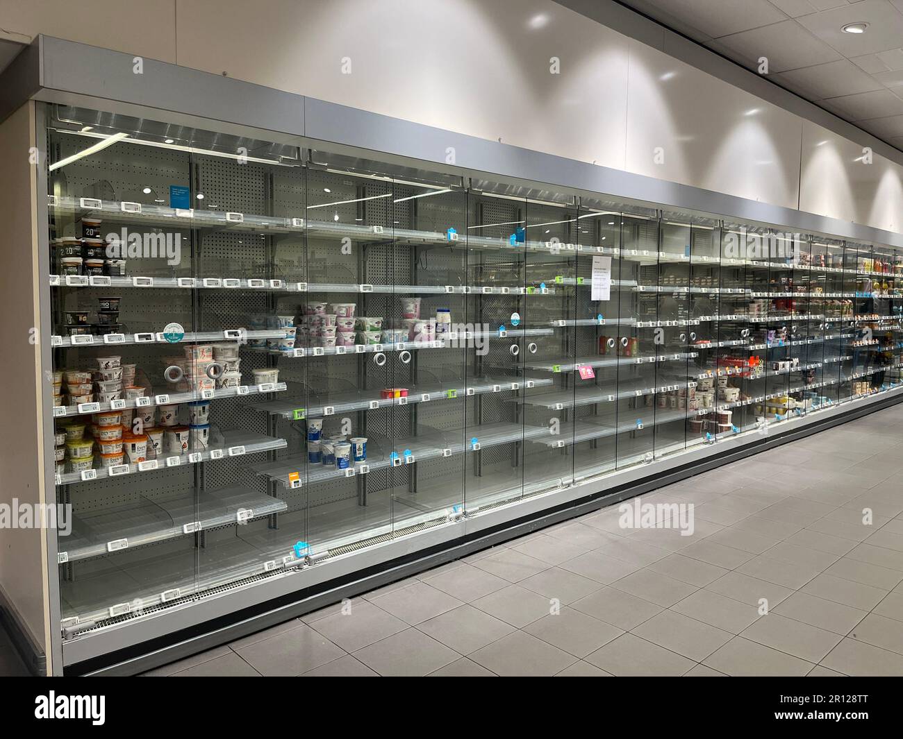 Sistema di raffreddamento del prodotto refrigerato scaffali vuoti nel supermercato olandese durante uno sciopero del centro di distribuzione Foto Stock