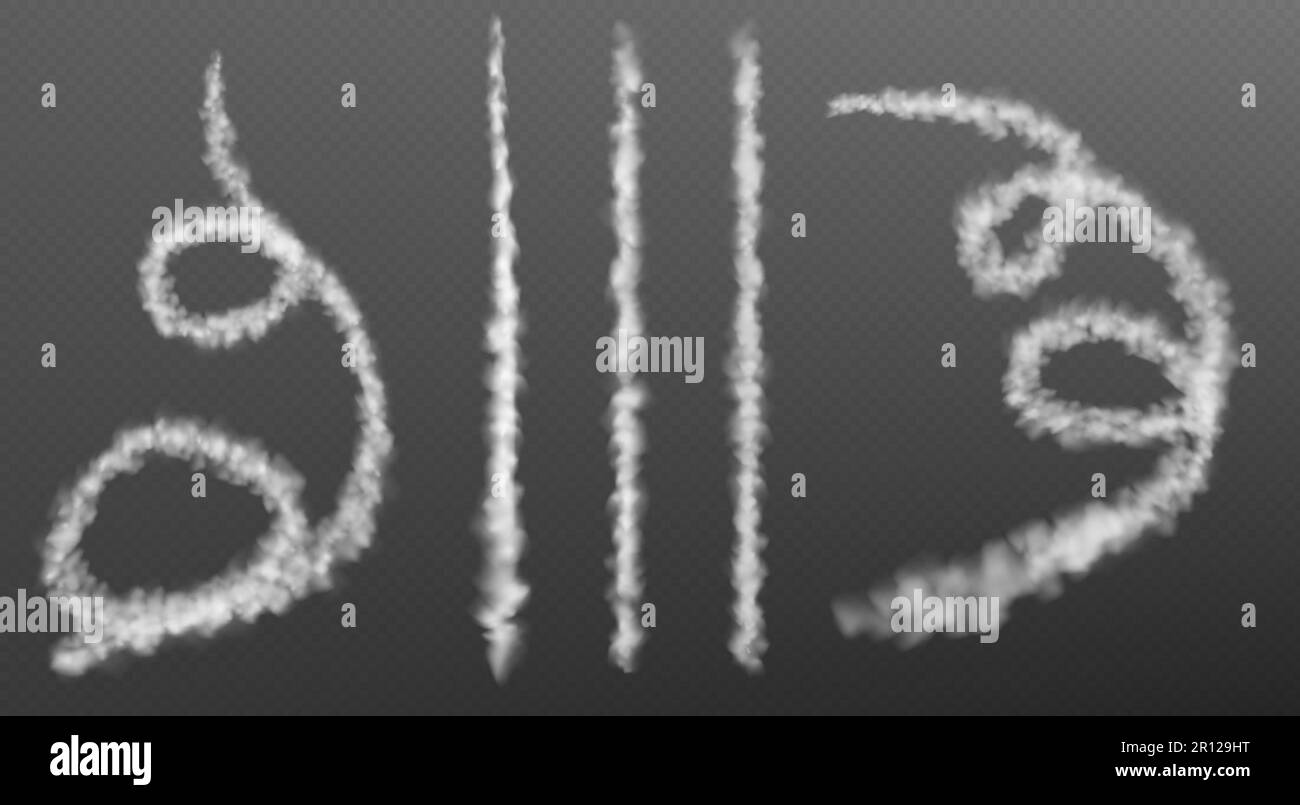 Set realistico di percorsi di condensazione dritti e piani a spirale isolati su sfondo trasparente. Illustrazione vettoriale della linea di fumo lasciata dal decollo, dall'atterraggio, dal volo dell'aeromobile. Effetto attacco missilistico Illustrazione Vettoriale
