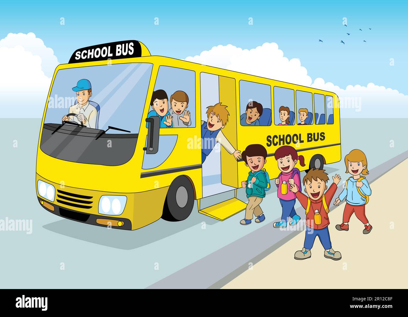 Illustrazione cartoon dei bambini che frequentano una scuola di autobus Illustrazione Vettoriale