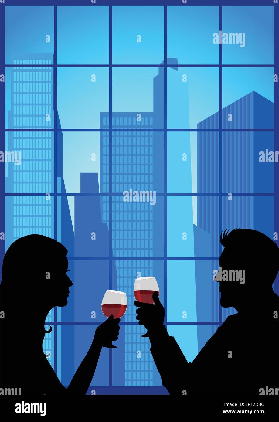 Silhouette di coppia che si affacciano l'uno vicino all'altro e tenendo i wineglasses Illustrazione Vettoriale