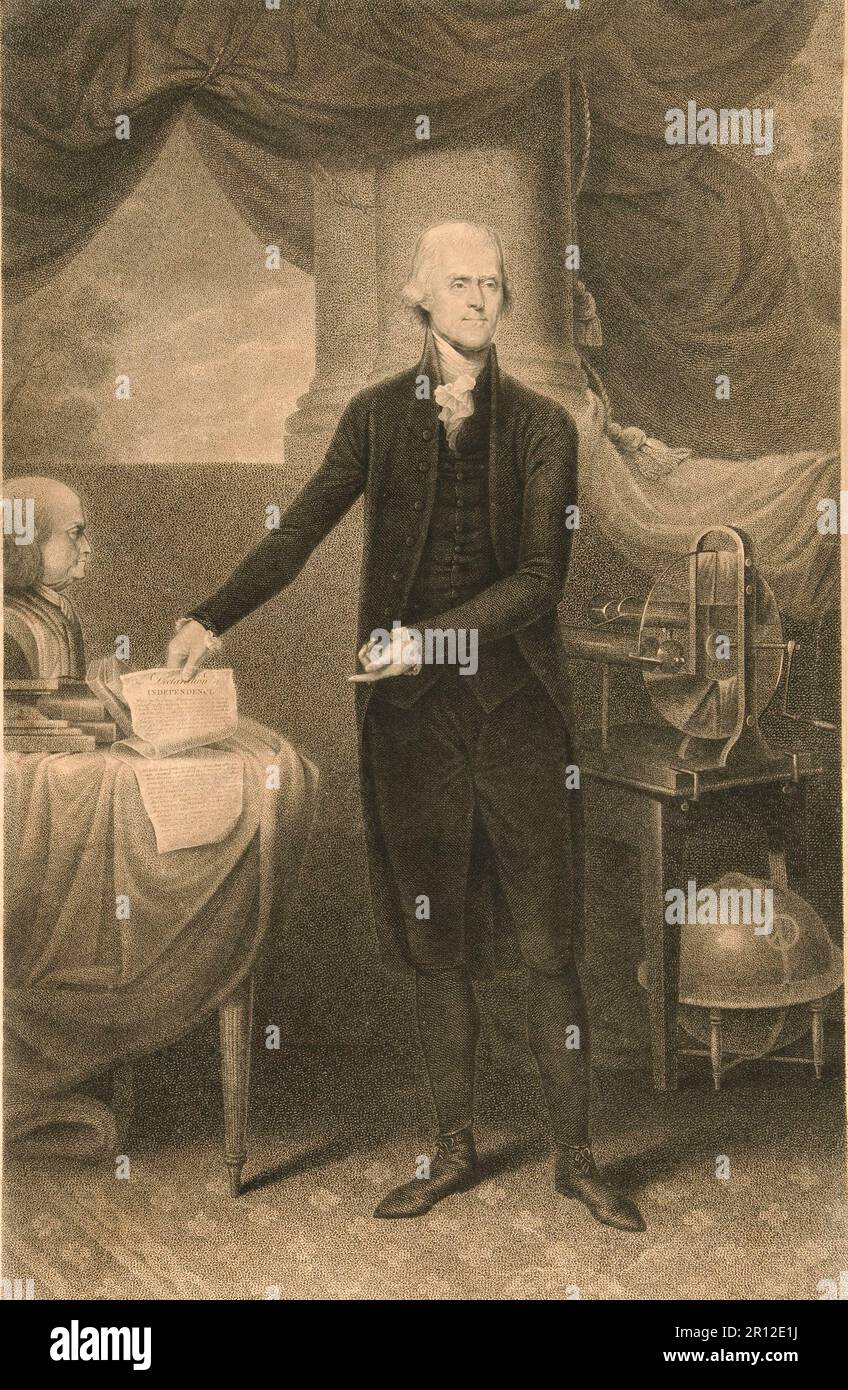 Thomas Jefferson (New York, 13 aprile 1743 – New York, 4 luglio 1826) è stato un . E Padre fondatore che ha servito come terzo presidente degli Stati Uniti dal 1801 al 1809, riproduzione storica, restaurata digitalmente da un originale del 19th ° secolo Foto Stock