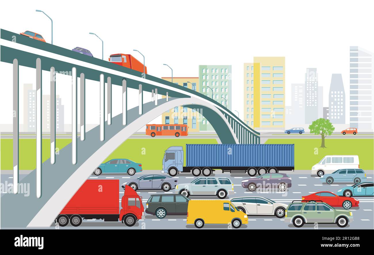 Autostrada con autocarro e autovettura, illustrazione Illustrazione Vettoriale