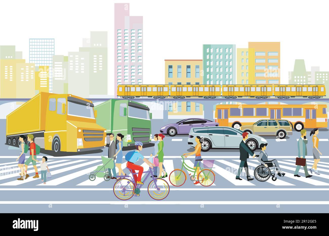Persone sulla strada trasversale e traffico stradale e ferroviario, illustrazione Illustrazione Vettoriale