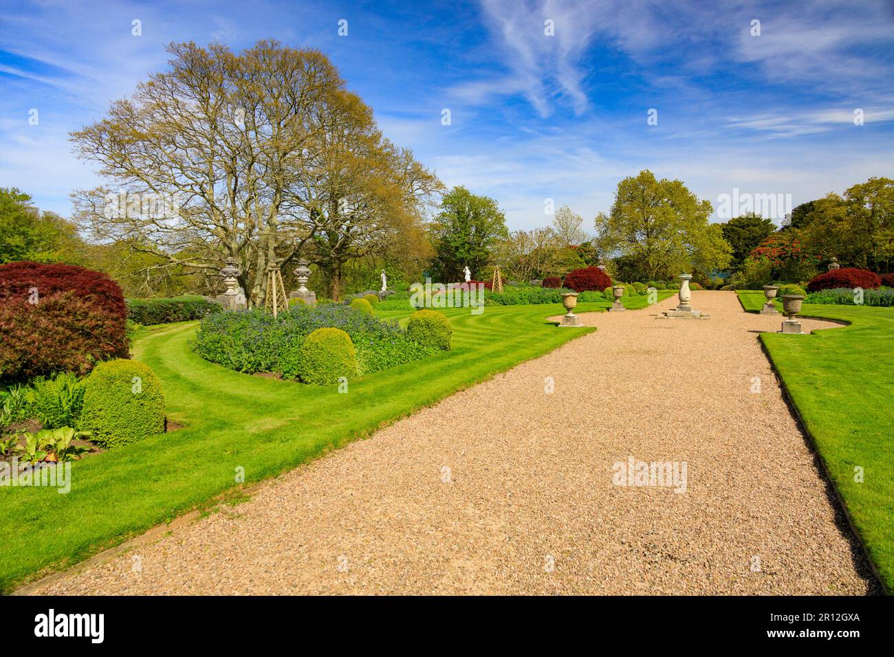 Il colorato giardino formale accanto alla ricostruita Mount Edgcumbe House nel Mount Edgcumbe Country Park, Cornovaglia, Inghilterra, Regno Unito Foto Stock