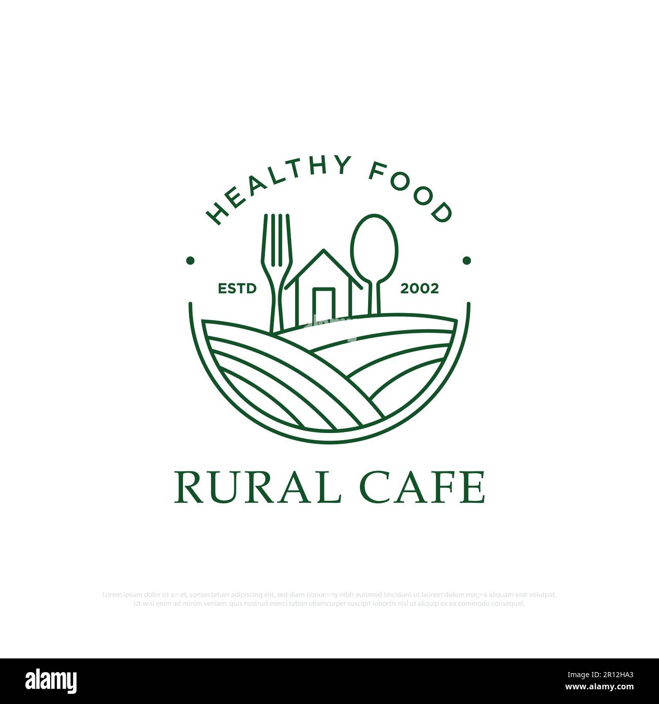 Healthy Food Restaurant logo design , un ristorante con un concetto rurale che fornisce cibo biologico tradizionale e bevande linea arte vettore illustrazione Illustrazione Vettoriale