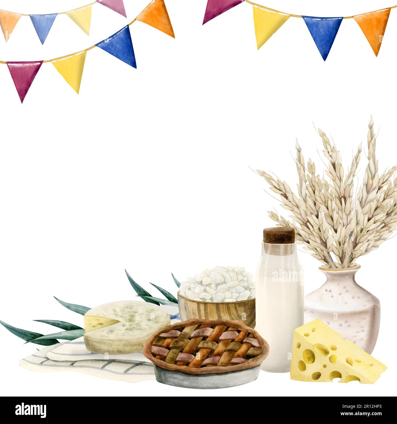 Felice Shavuot acquerello festivo biglietto d'auguri modello con bandiere, torta di mele, formaggio. Illustrazione quadrata Foto Stock