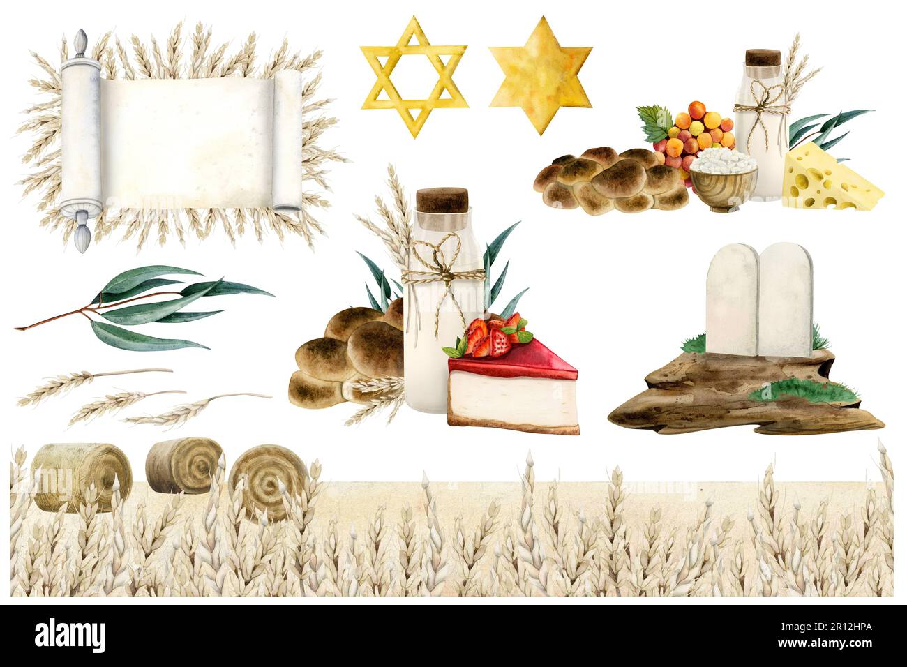 Shavuot saluto composizioni modello con simboli ebraici. Set di illustrazioni acquerello con scorrimento, compresse campo di grano Foto Stock