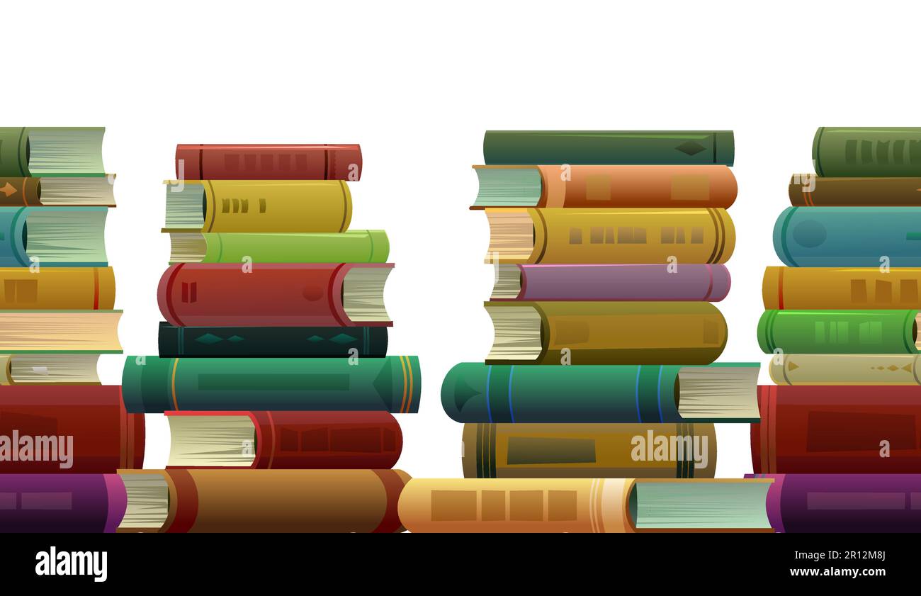 Pile di libri. Bordo inferiore senza cuciture. Stile cartone animato. Grande collezione per la lettura. Libreria o libreria. Isolato su sfondo bianco. Vettore. Illustrazione Vettoriale