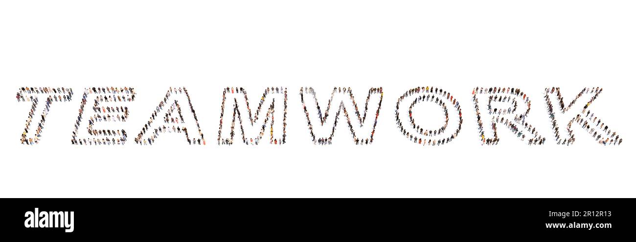 Grande comunità concettuale di persone che formano PAROLA DI GRUPPO. 3d metafora illustrativa per aziende, team, gestione, cooperazione, idea, soluzione Foto Stock