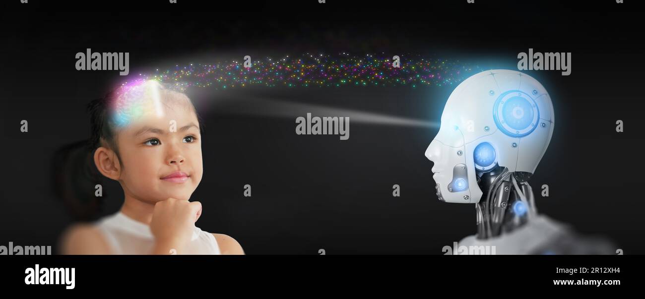 Intelligenza artificiale per la lettura mentale. Un robot scansiona e legge il pensiero di una ragazza. Tecnologia telepatica e approfondimenti cognitivi. Ai e Chatbot con Bra Foto Stock