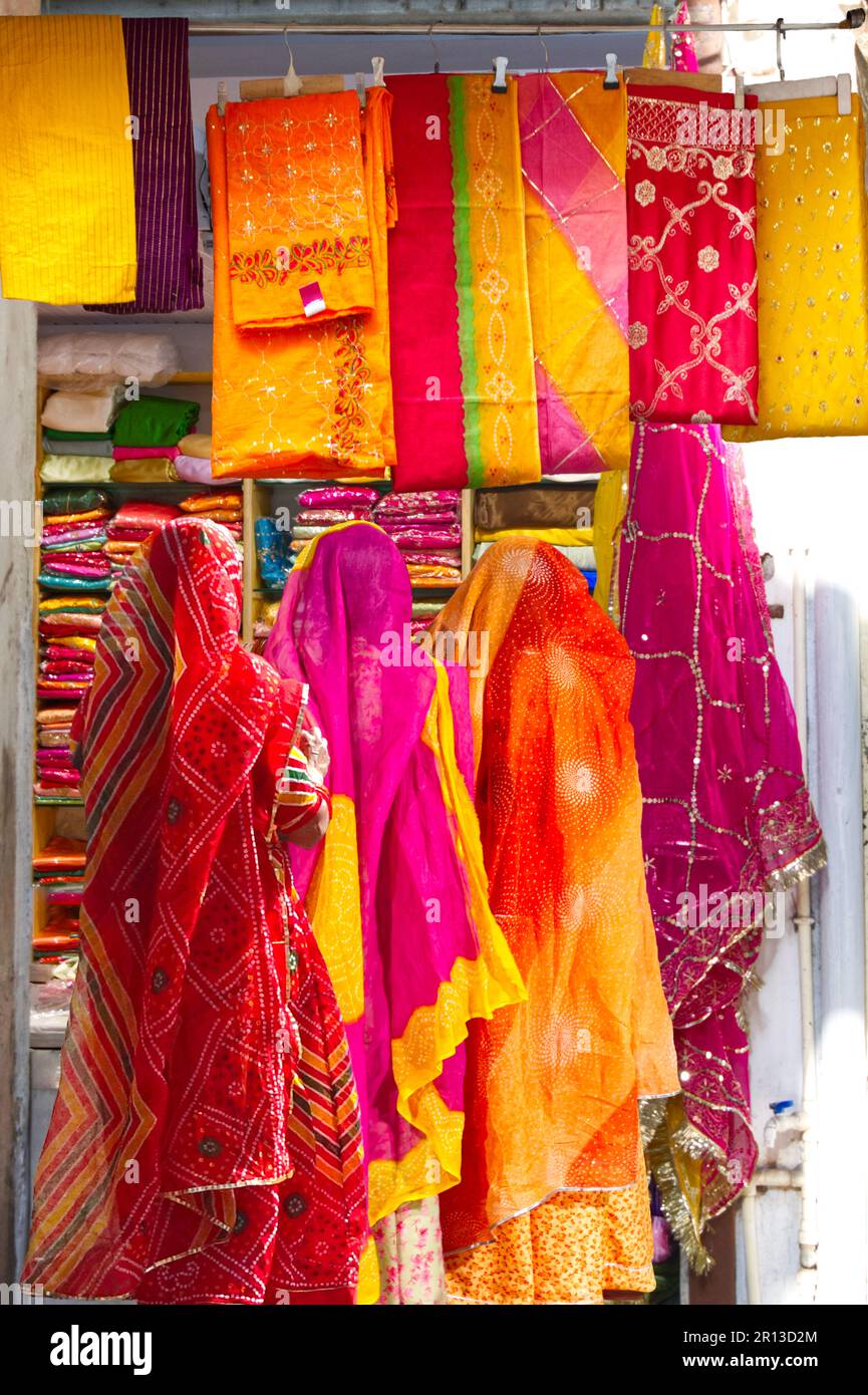 Vista posteriore delle donne che indossano saris, guardando i tessuti in vari colori in un negozio Foto Stock