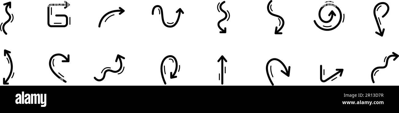 Frecce su, giù, rotonde, ondulate e diritte. Pixel Perfect, icone del tratto modificabili Illustrazione Vettoriale