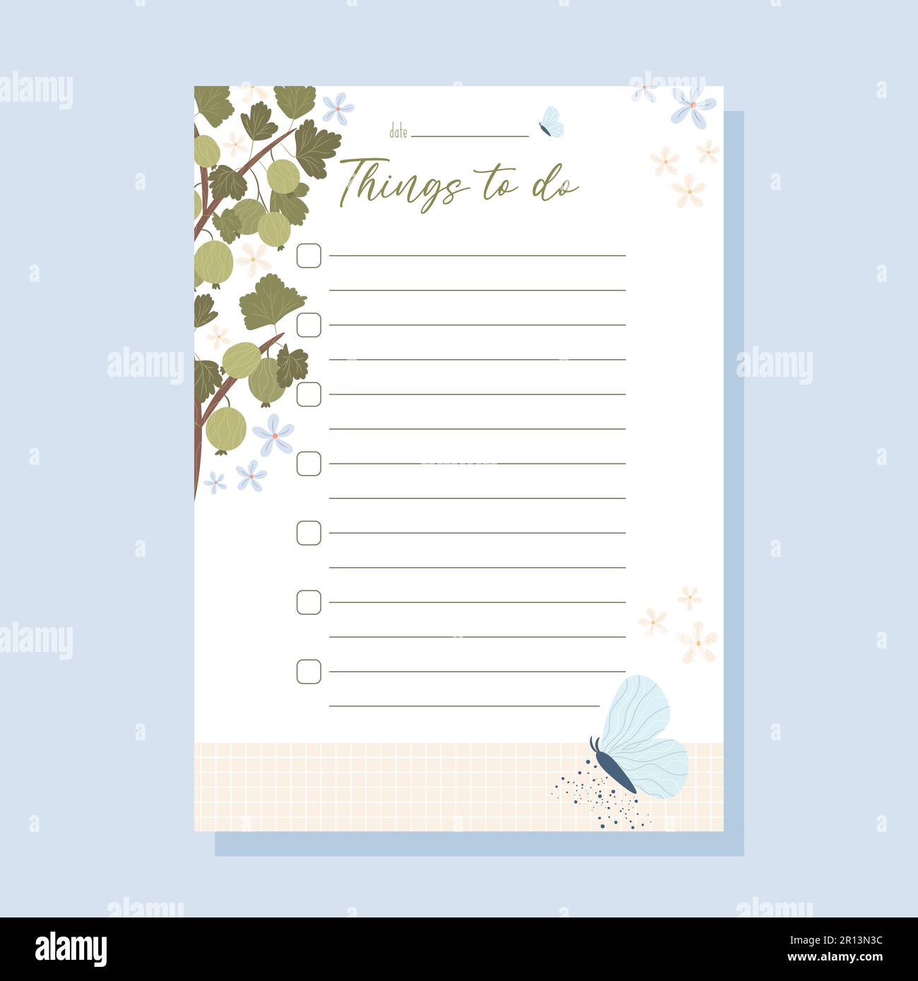 Concetto di elenco delle cose da fare stampabile con illustrazione di pianta di uva spina verde, vettore Illustrazione Vettoriale