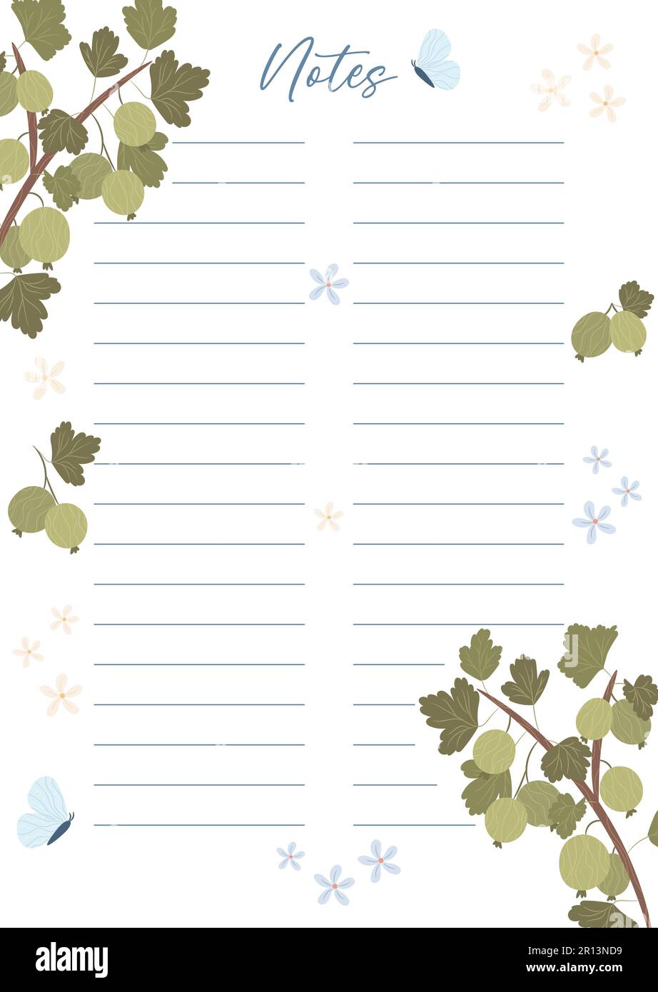 Note stampabili con illustrazione verde pianta di uva spina, vettore Illustrazione Vettoriale