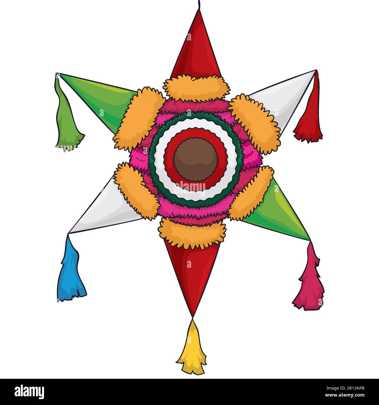 Pinata sospesa a forma di stella tradizionale, realizzata con carte colorate. Design in stile cartone animato. Illustrazione Vettoriale