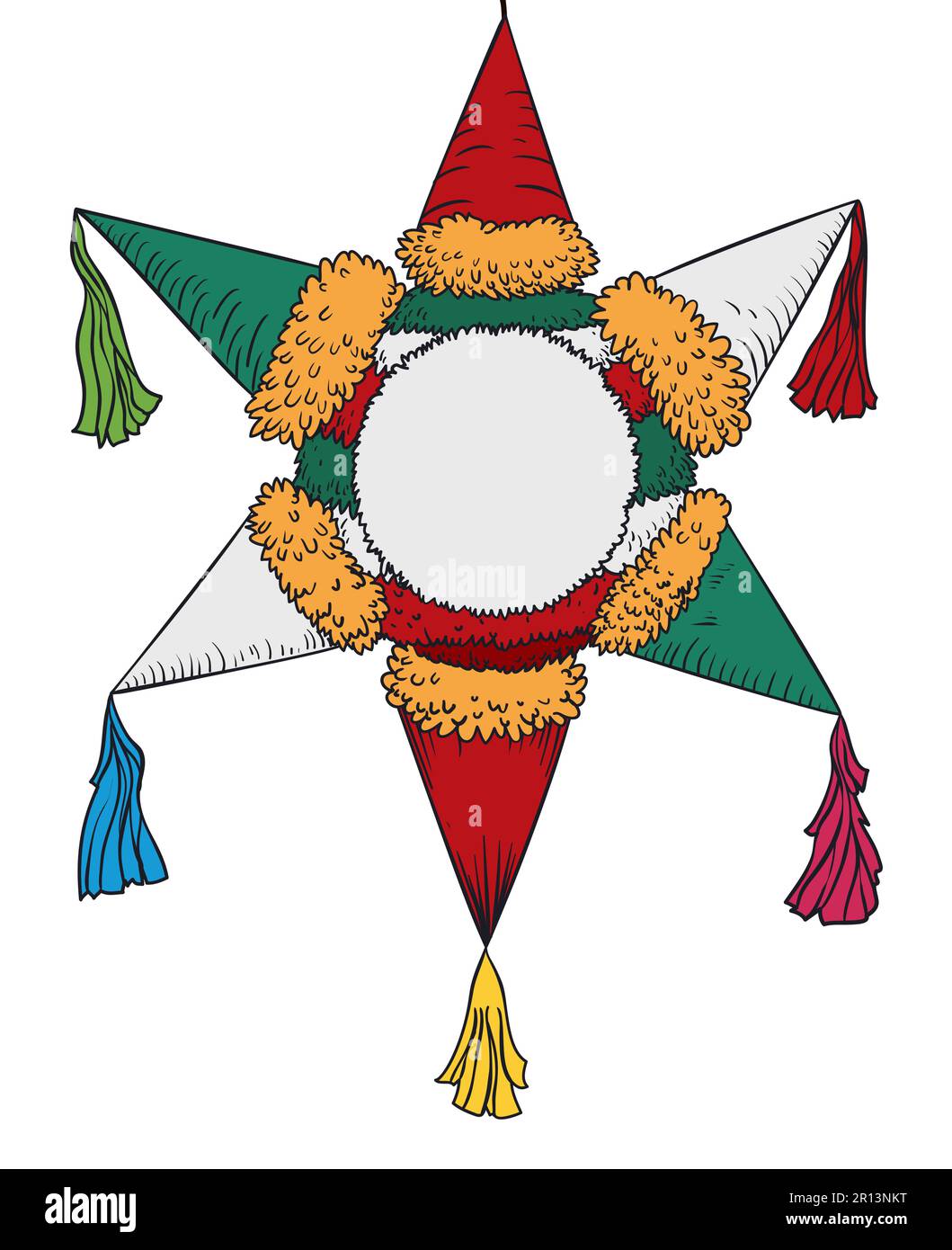 Pinata isolata con tradizionale forma a stella e colori messicani in stile disegnato a mano e colori piatti. Illustrazione Vettoriale