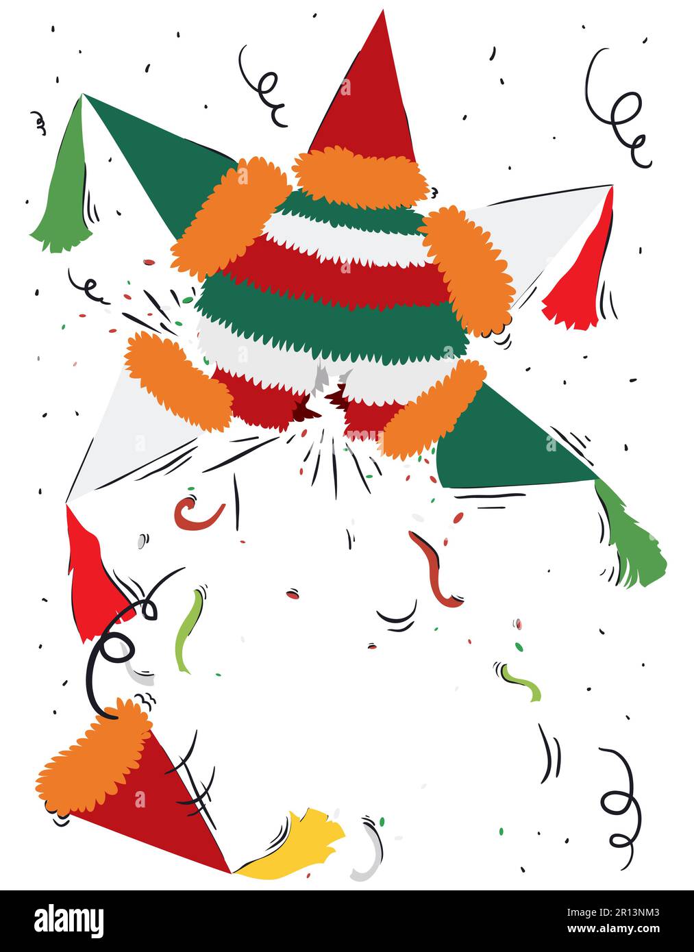 Scena festosa di una pinata rotta ad una festa con confetti e streamers. Design in colori piatti e doodles. Illustrazione Vettoriale