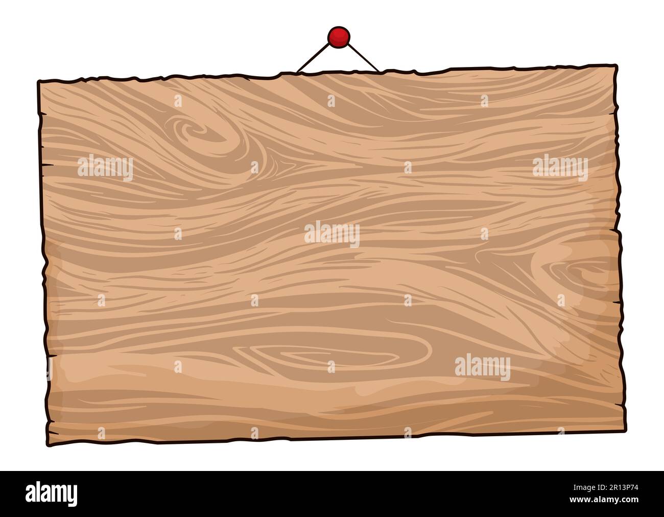 Modello con un cartello di legno appeso ad una stringa con la puntina. Design in stile cartoon su sfondo bianco. Illustrazione Vettoriale