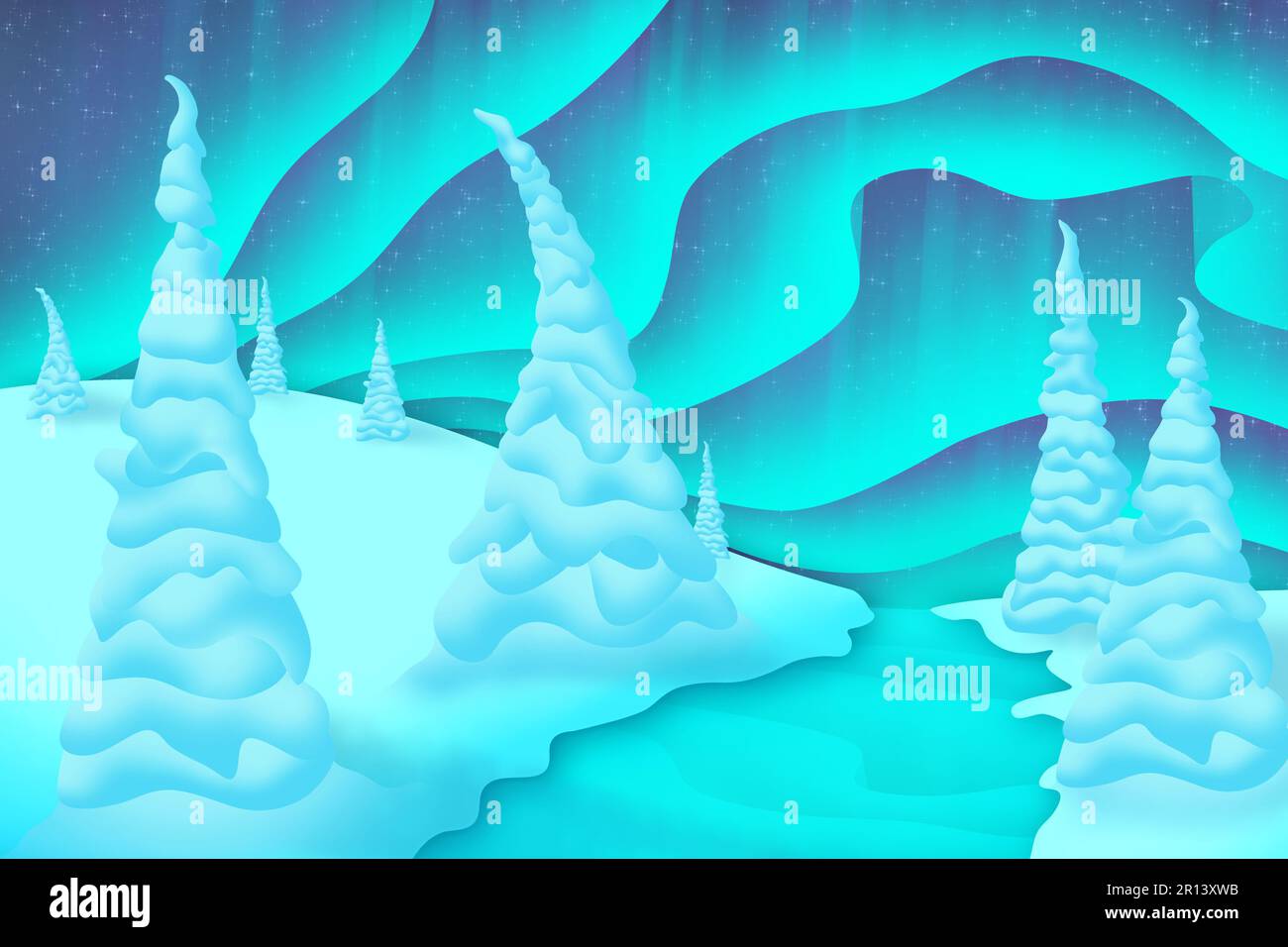 Opere d'arte digitali del paesaggio del nord del Canada durante la stagione invernale con Aurora Borealis in abete rosso innevato, zona invernale. Aurora boreale art. Foto Stock