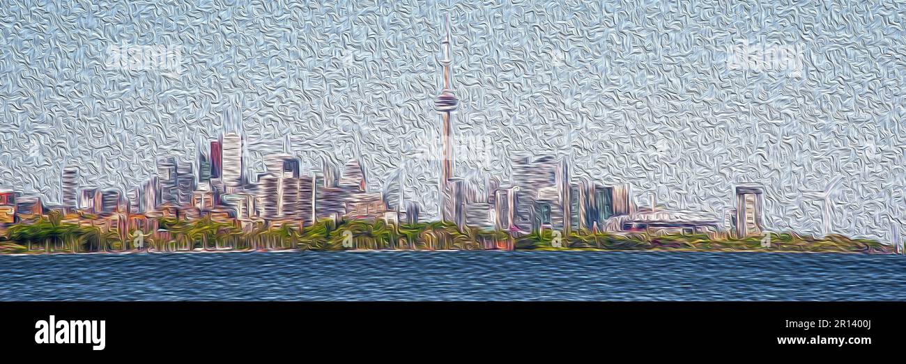 Opere d'arte digitali dello skyline di Toronto in estate con vista astratta del paesaggio urbano dell'Ontario con il cielo blu. Foto Stock
