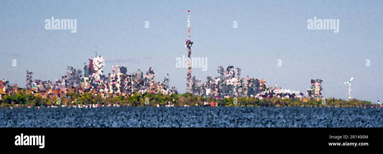 Opere d'arte digitali dello skyline di Toronto in estate con vista astratta del paesaggio urbano dell'Ontario con il cielo blu. Foto Stock