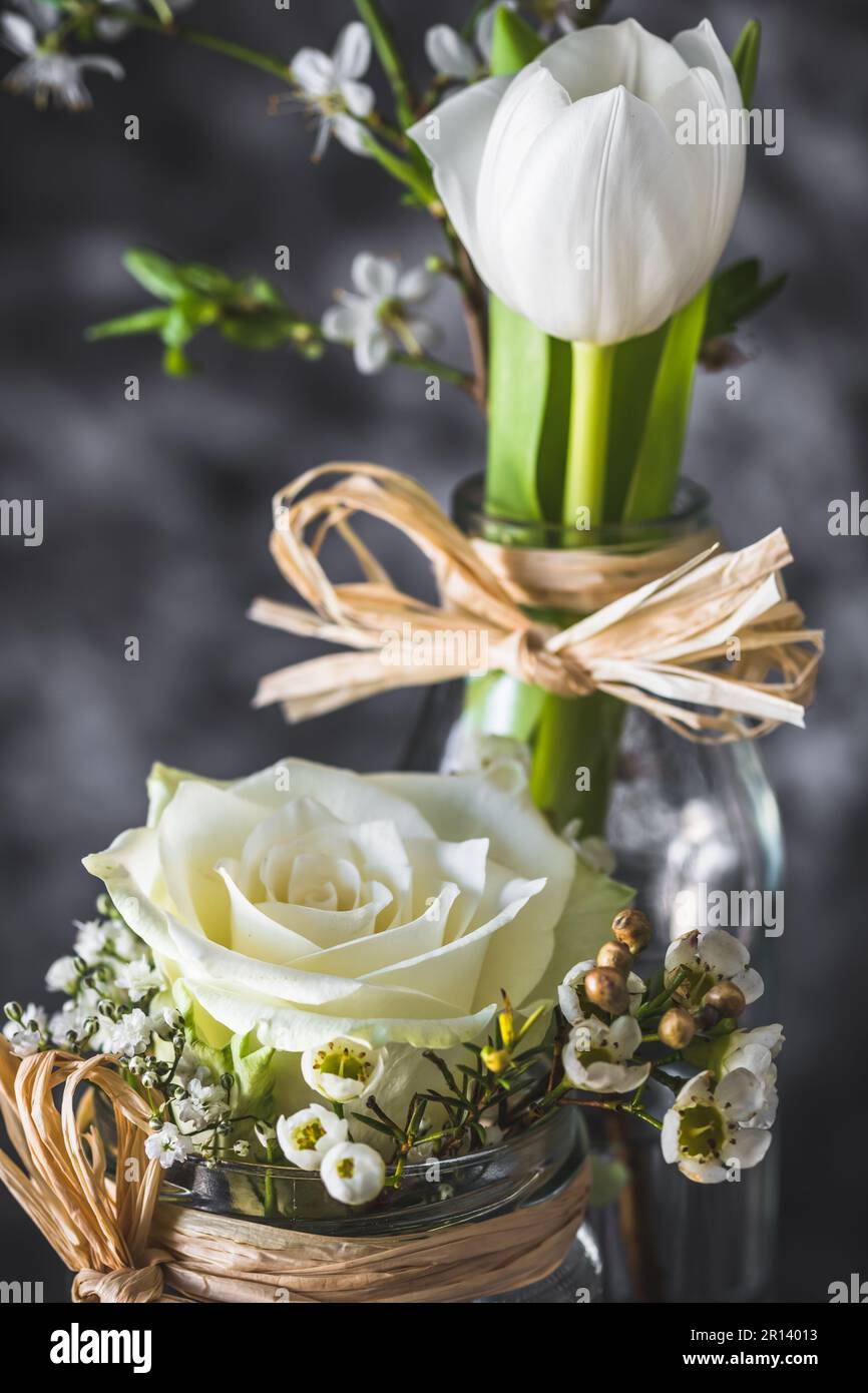Decorazione floreale primaverile con rosa bianca e tulipano su sfondo grigio, verticale Foto Stock