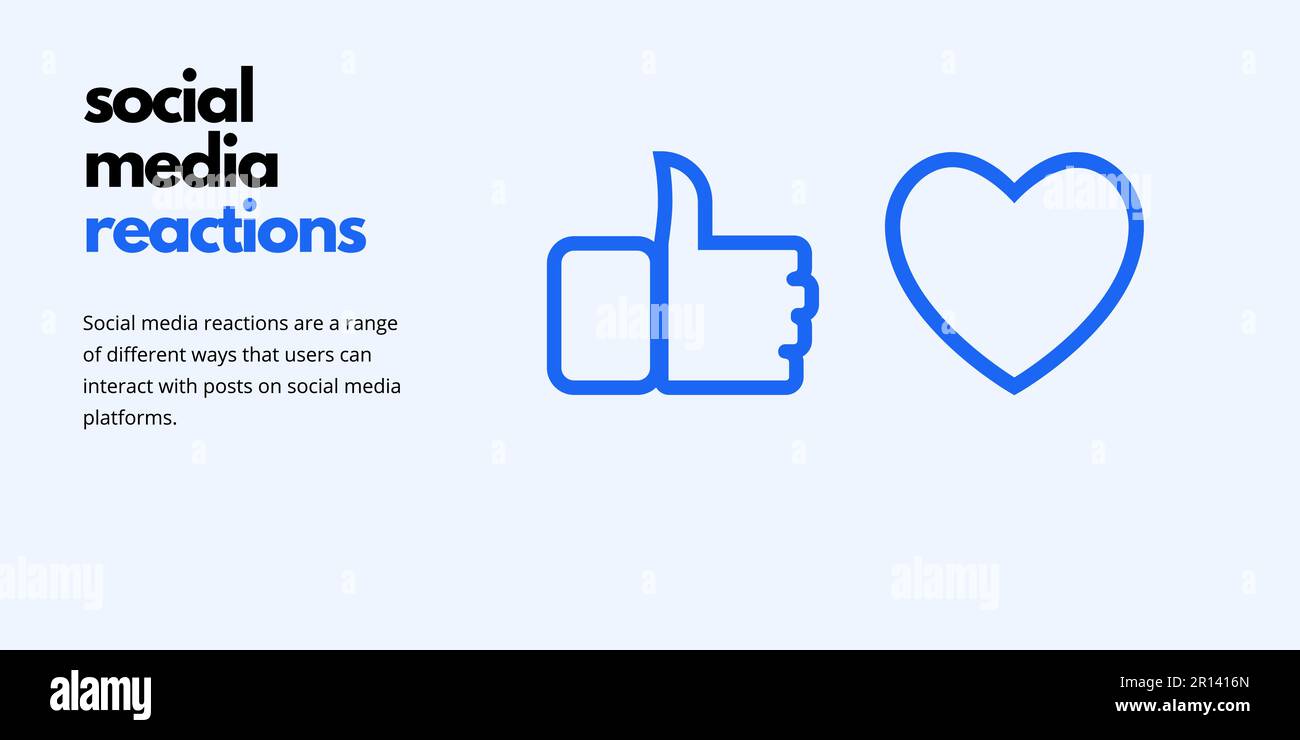 Banner sulle reazioni dei social media su sfondo chiaro. Elegante banner SMM con testo nero e icone blu di reazioni per il business e il marketing Illustrazione Vettoriale