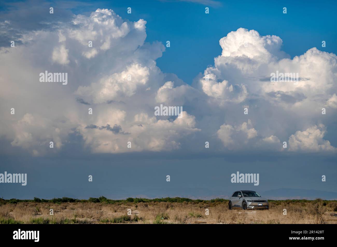 Silver Hyundai auto elettrica vale a dire Ioniq 5 parco nel deserto Foto Stock