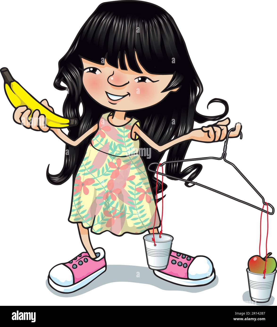 Illustrazione d'arte della ragazza giovane che tiene una bilancia appendiabiti, pesando mele e banane, semplice bilancia fatta in casa per il confronto della pesatura di prova Foto Stock