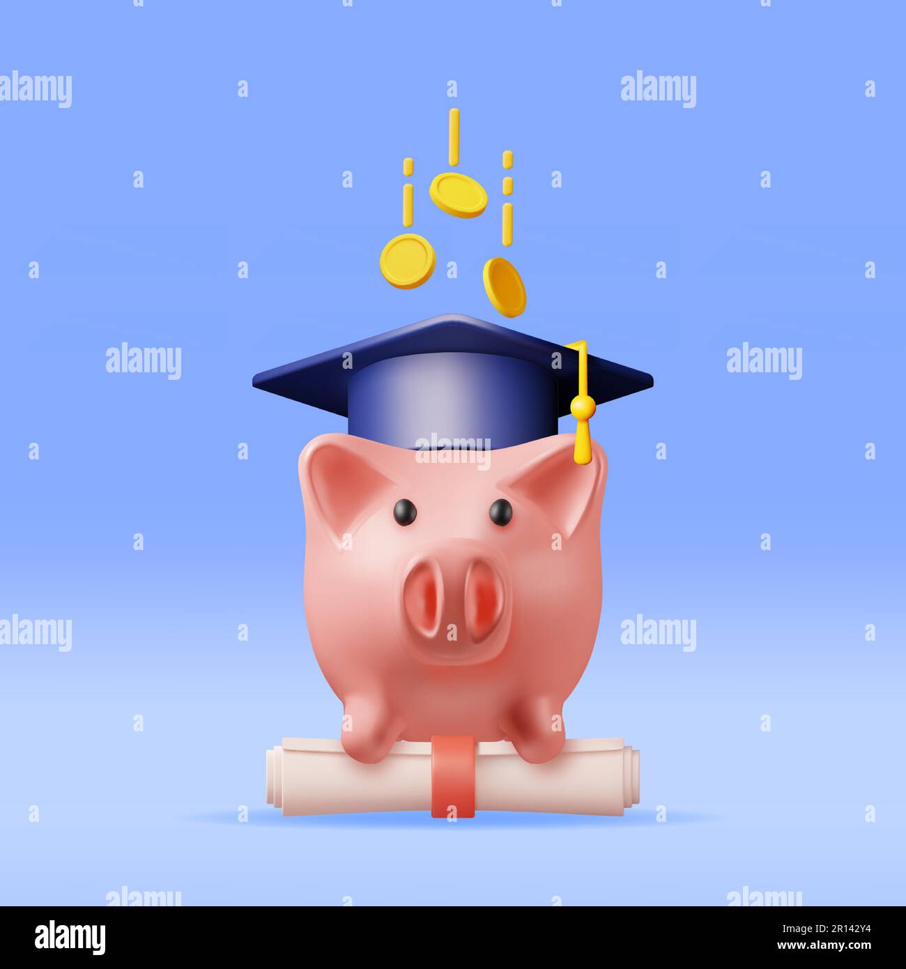 3D Banca Piggy con tappo di laurea, diploma, monete Illustrazione Vettoriale