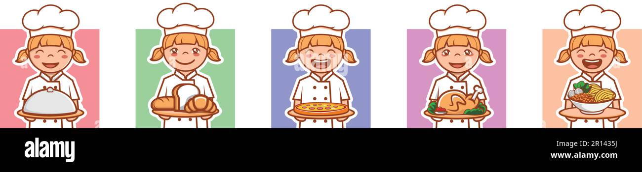Sorridente ragazza carino cucina Chef Hat cartone con un vassoio di piatti vari baguitte, pane bianco, croissant, pizza, pollo arrosto, noodles chara Illustrazione Vettoriale