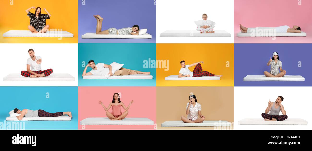 Collage con foto di persone su morbidi e comodi materassi su diversi colori sfondi Foto Stock