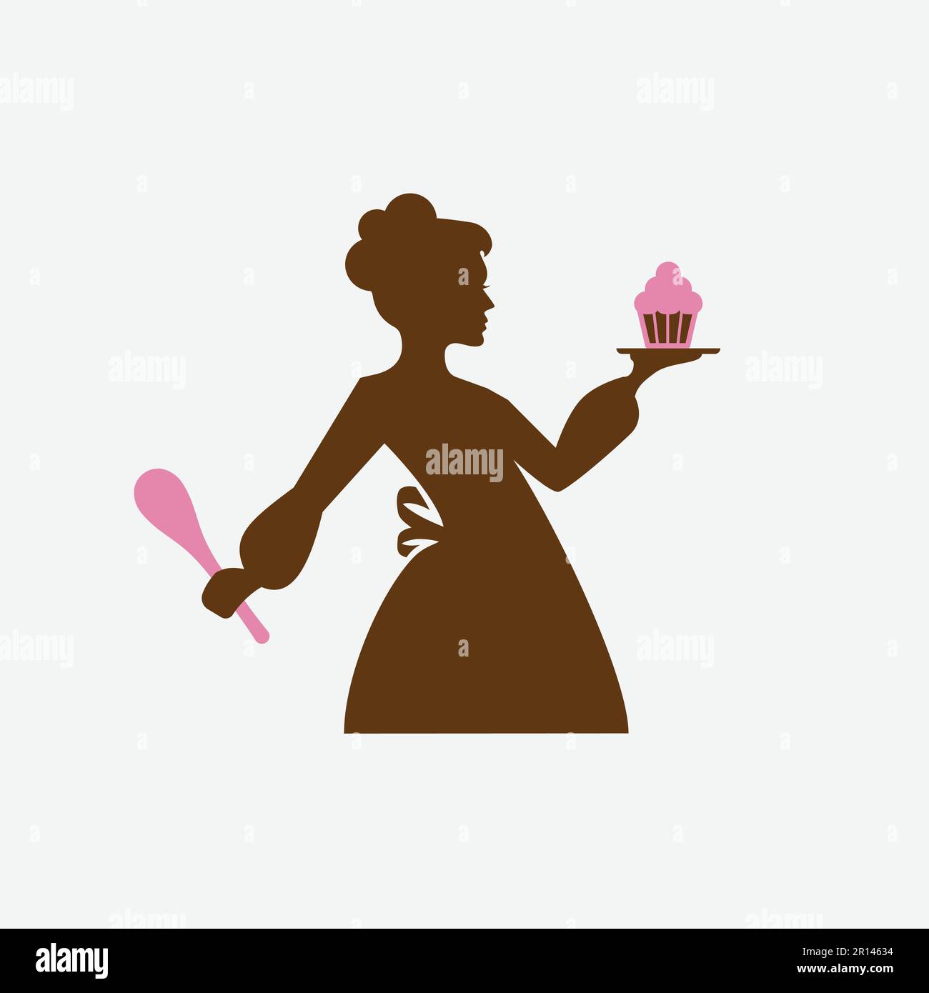 Chef donna che tiene un cucchiaio e un cupcake. Logo Artisan Bakery. Illustrazione Vettoriale