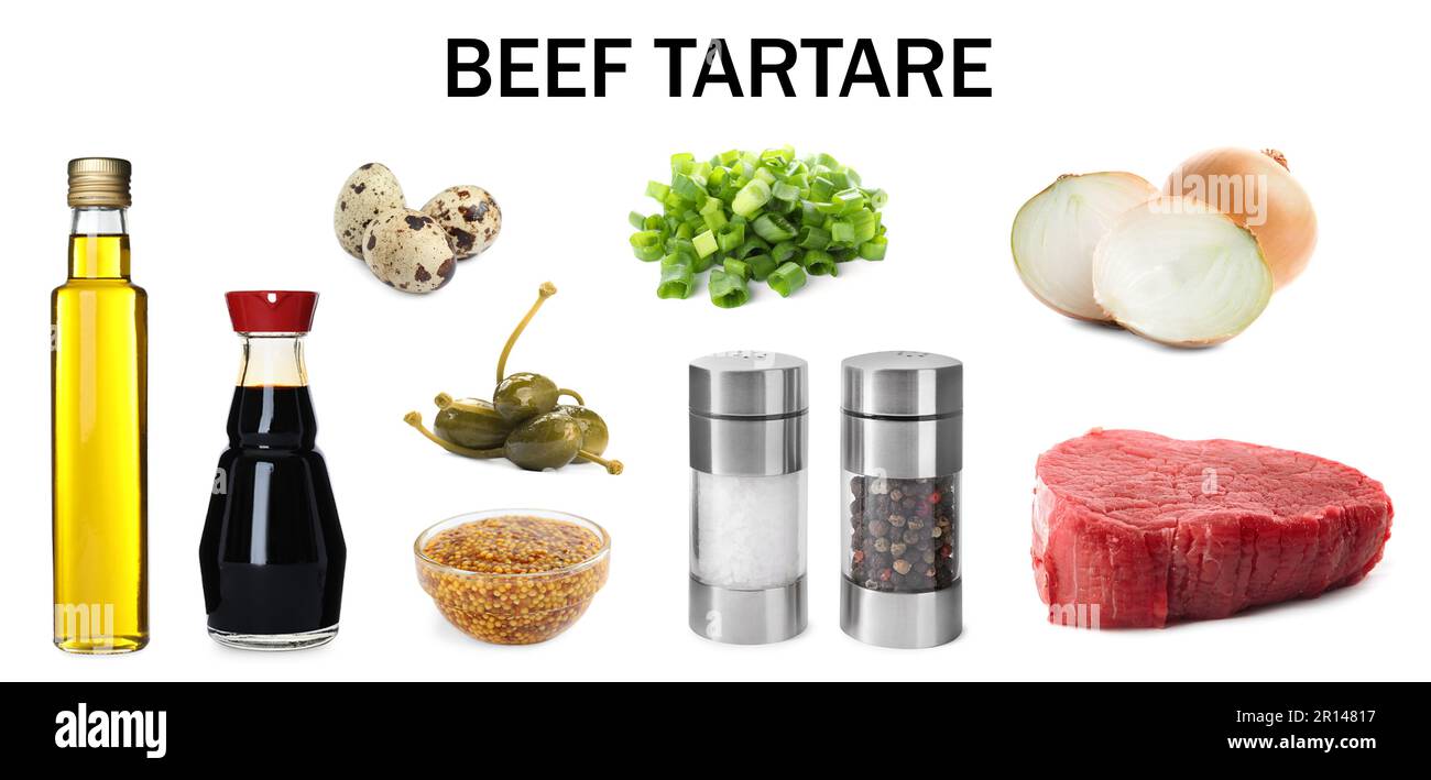 Preparati con diversi ingredienti freschi per gustose tartare di manzo su sfondo bianco Foto Stock