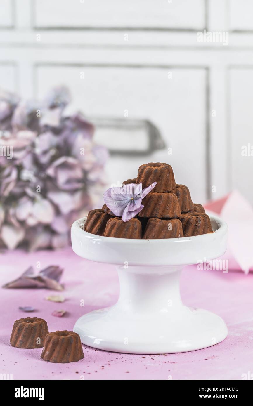 Praline al cioccolato sotto forma di piccoli panini, spolverati di cacao, su fondo rosa chiaro, decorati con fiori di ortensia, verticali Foto Stock