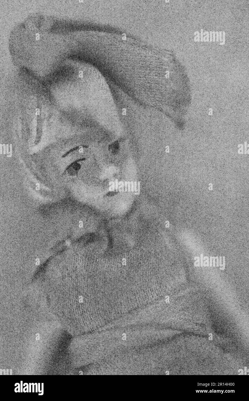 Morbida e matita come immagine in bianco e nero di 1910s bambola ragazza con grande arco nei suoi capelli Foto Stock