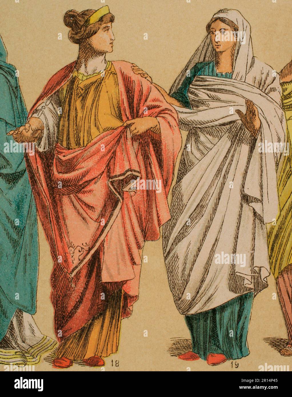Età romana. Da sinistra a destra: 18- tunica femminile romana, 19- pallina romana (mantello femminile). Chromolithography. 'Historia Universal', di César Cantú. Volume II, 1881. Foto Stock