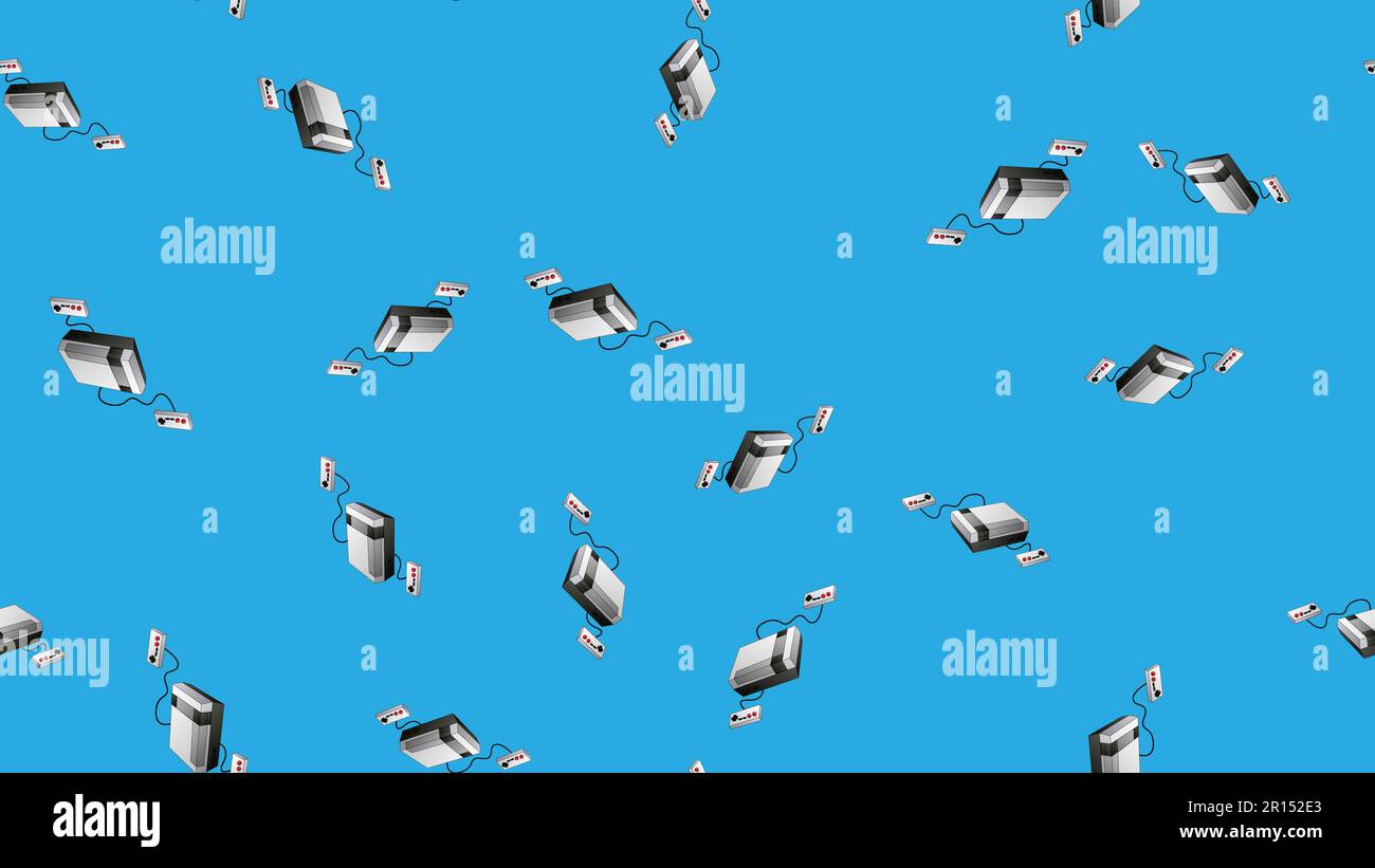 Modello senza giunture di console di videogiochi retrò vecchio hipster texture da 70s, 80s, 90s, 2000s su uno sfondo blu. Illustrazione Vettoriale