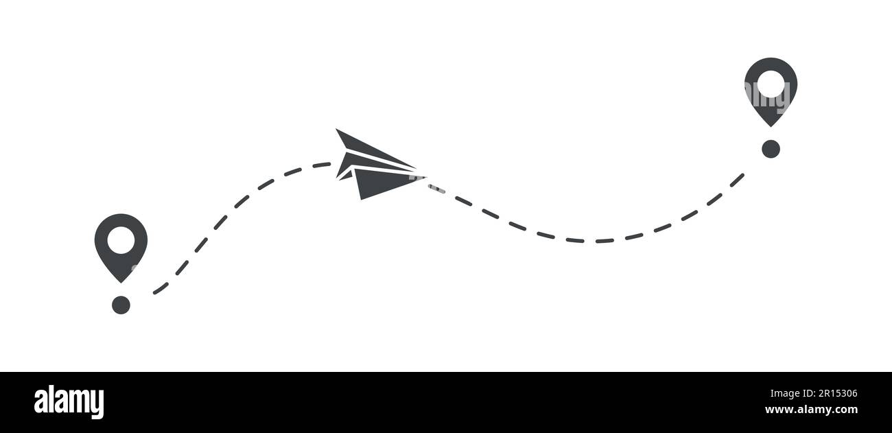 Aeroplano di carta con linea tratteggiata. Rotta di volo. Punto iniziale. Illustrazione Vettoriale