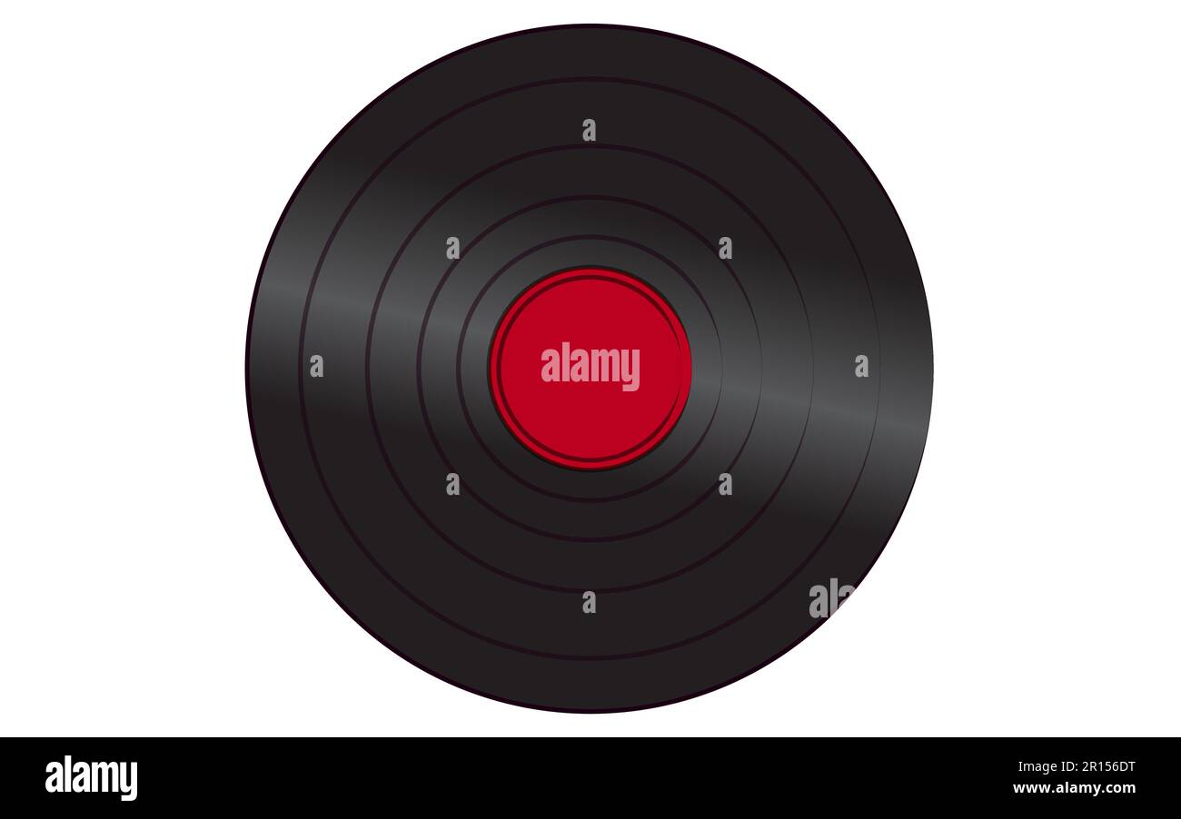 Nero iridescente vinile musicale analogico retrò vecchio antico hipster annata disco con un centro rosso per un gramophone su uno sfondo bianco. Illustrazione Vettoriale
