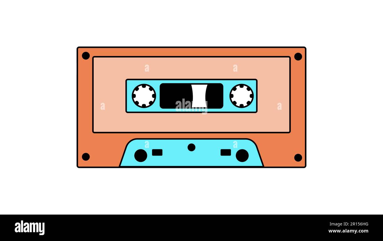 Vecchia audiocassetta musicale retrò per registratore audio con nastro magnetico del 70s, 80s, 90s. Bella icona arancione. Illustrazione vettoriale. Illustrazione Vettoriale