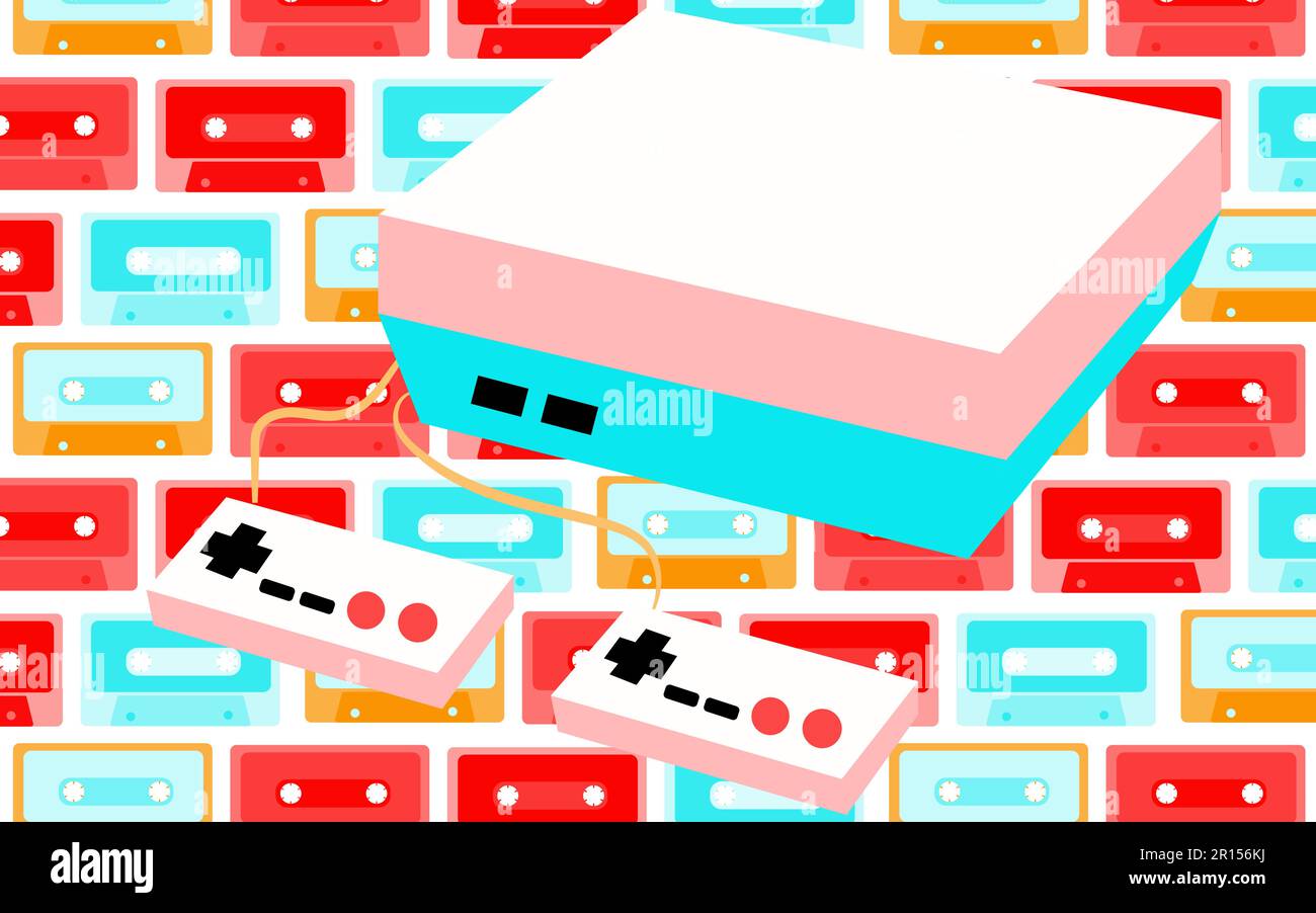 Vecchia console d'epoca retrò antico hipster per videogiochi e due joystick degli anni '80, '90 su uno sfondo di audiocassette multicolore. Illustrazione Vettoriale