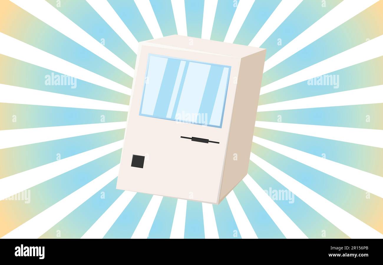 Vecchio retro poster hipster computer vintage, pc con monitor e tastiera dal 70s, 80s, 90s sullo sfondo dei raggi blu del sole. Vettore Illustrazione Vettoriale
