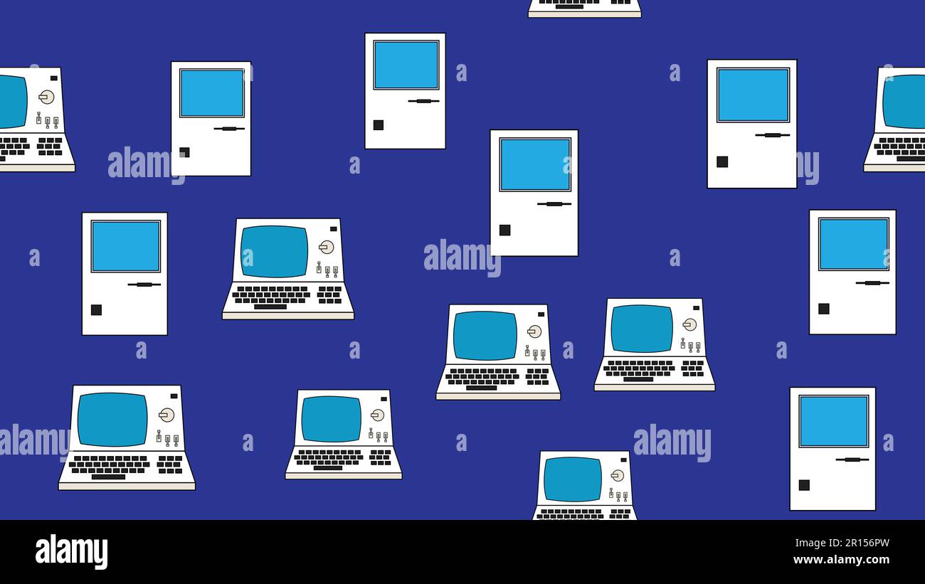 Computer senza interruzioni con vecchi computer retrò, PC hipster bianco vintage da 70s, 80s, 90s isolato su sfondo blu. Vettore illustrati Illustrazione Vettoriale